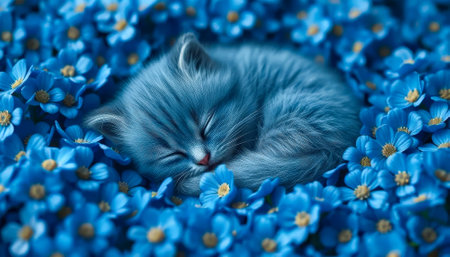 Cat is sleeping in a field of blue flowers. The flowers are in full bloom and the cat is curled up in a ball. The scene is peaceful and sereneの素材