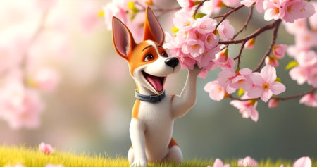 Cartoon dog is sitting on a grassy field with pink flowers in the background. The dog is smiling and he is enjoying the beautiful sceneryの素材