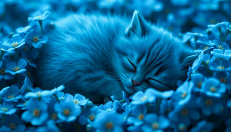 Blue kitten is sleeping in a field of blue flowers. The flowers are in full bloom and the sky is blueの素材