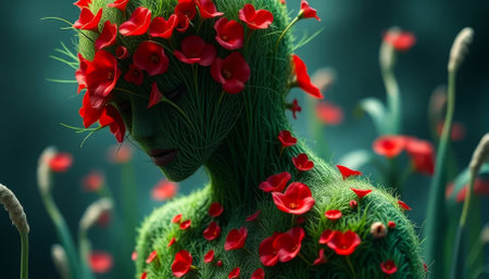 Woman with a green face and red flowers on her head.の素材