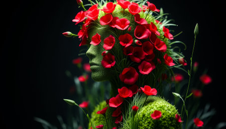 Woman with a flowery headdress made of red flowers.の素材