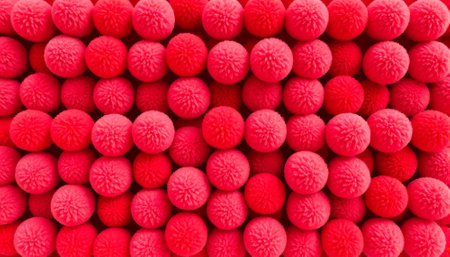 Close up of many red pom poms. The pom poms are arranged in a pattern and are all the same size. The image has a playful and colorful moodの素材