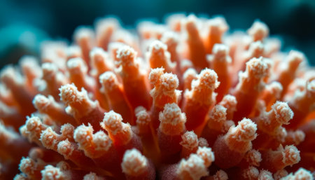 Close up of a coral with numerous small orange and white spikes. The coral is predominantly orange and white in color, with some areas of brown visible. The spikes are arranged in a spiral patternの素材