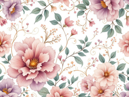 Floral pattern with pink flowers and green leaves. The flowers are scattered throughout the design, with some larger and some smaller. The overall effect is one of softness and delicacyの素材