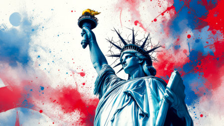 Statue of liberty with a torch in her hand. The statue is surrounded by red, white, and blue paint, giving it a patriotic feelの素材