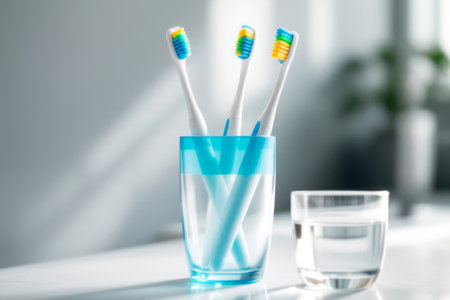 Three toothbrushes are in a cup of water. The toothbrushes are white and blueの素材