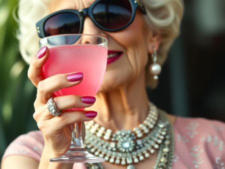 Woman in a pink dress holding a pink drink in a glass. She is wearing a necklace and earringsの素材