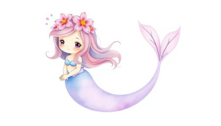 Cartoon mermaid with a flower crown on her head. She is sitting on a blue and purple tailの素材