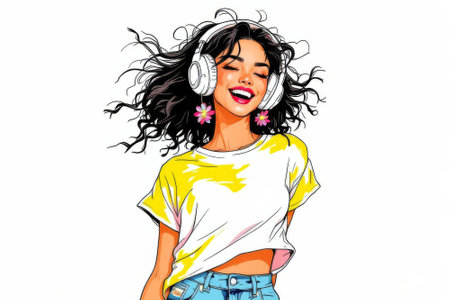 Woman with headphones on her head is smiling. She is wearing a yellow shirt and blue jeansの素材