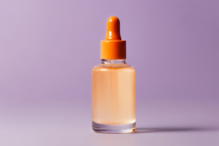 Bottle of perfume with a clear glass bottle and an orange cap. The bottle is sitting on a purple backgroundの素材