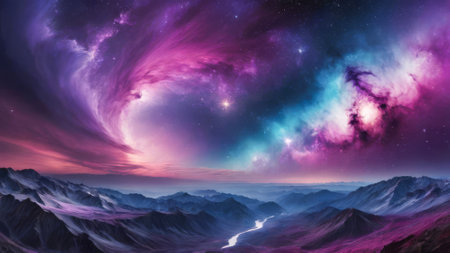 Beautiful, colorful sky with a purple swirl in the middle. The sky is filled with stars and the mountains in the background are covered in snowの素材