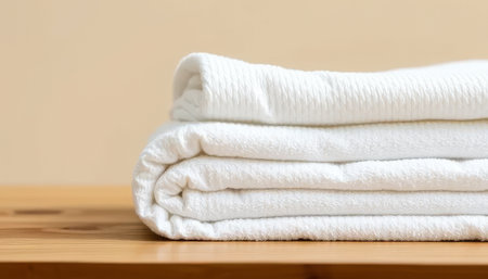 White towel is stacked on top of another white towel. The towels are neatly folded and arranged on a wooden table. Concept of order and cleanlinessの素材
