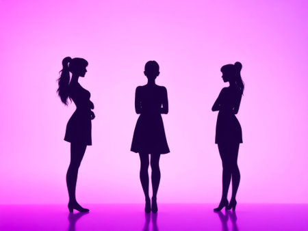 Three women are standing in front of a pink background. They are all wearing black dresses and are looking at each other. Scene is serious and contemplativeの素材