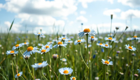 Field of blue flowers with yellow centers. The sky is clear and the sun is shining. The flowers are in full bloom and the field is lush and greenの素材