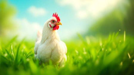 White chicken is standing in a green field. The chicken is looking to the right. The grass is lush and greenの素材