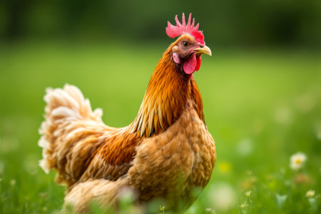 Chicken is standing in a field of grass. The chicken is brown and white. The grass is green and lushの素材