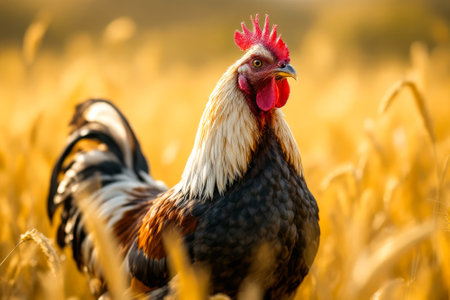 Rooster stands in a field of tall grass. The rooster is brown and white with a black head. The grass is tall and golden, and the sky is clear. The scene is peaceful and sereneの素材