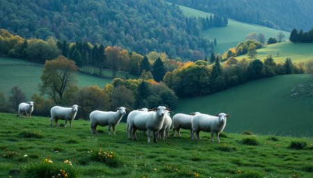 Herd of sheep are grazing in a lush green field. The sheep are scattered throughout the field, with some standing closer together and others more spread out. Concept of tranquility and peaceの素材