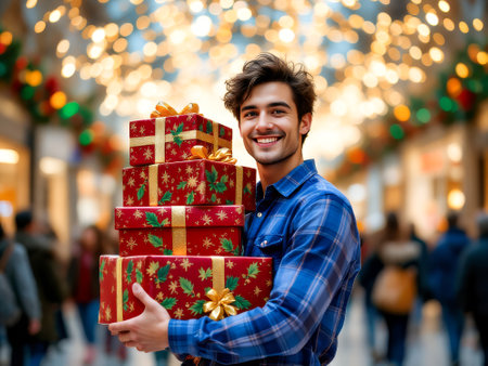 Man is holding a stack of red boxes and smiling. The image conveys a festive mood, likely related to Christmasの素材
