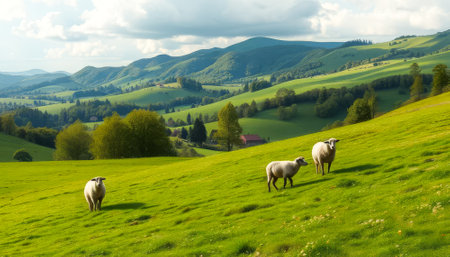 Three sheep are grazing in a lush green field. The sheep are scattered throughout the field, with one on the left, one in the middle, and one on the right. The scene is peaceful and sereneの素材