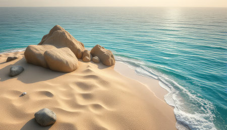 Rocky beach with a body of water in the background. The beach is small and rocky, with a few large rocks scattered around. The water is calm and blue, and the sky is a mix of blue and whiteの素材