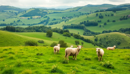 Group of sheep are grazing in a lush green field. The scene is peaceful and serene, with the sheep standing close together and the grass providing a soft, comfortable surface for them to graze onの素材
