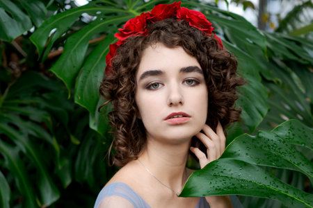 Woman with red flowers on her head. She has brown hair and is wearing a blue dressの写真素材