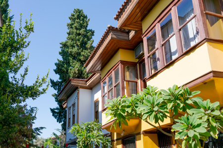 Yellow house with a green tree in front of it. The house has a balcony and a windowの写真素材