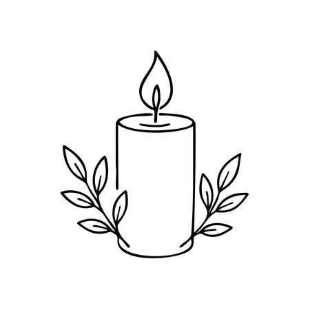 Candle with a leafy branch around it. The candle is lit and the flame is yellowのイラスト素材