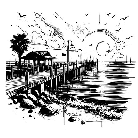 Beach scene with a pier and a small house. The sky is cloudy and the sun is settingのイラスト素材
