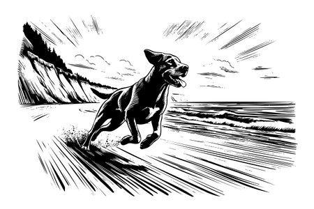Dog is running on the beach. The dog is black and white. The dog is running towards the oceanのイラスト素材