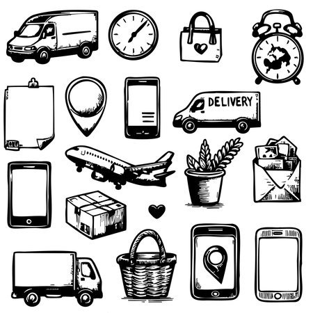 Collection of black and white drawings of various objects related to delivery and transportation. Scene is somewhat whimsical and playful, with the use of different shapesのイラスト素材