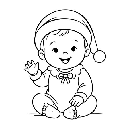 Baby is sitting on the floor and waving. The baby is wearing a hat and a sweaterのイラスト素材