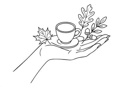 Hand holding a cup with leaves on it. The cup is on a saucerのイラスト素材