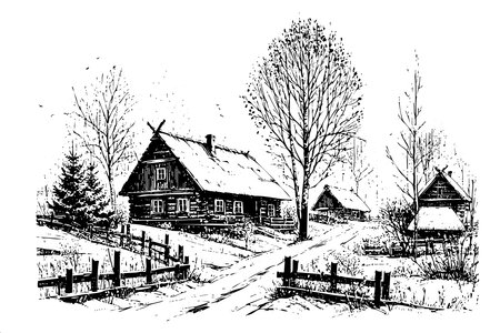 The image is a black and white drawing of a rural scene with a house, a barn, and a tree. The house is located on the left side of the scene, while the barn is located on the right sideのイラスト素材