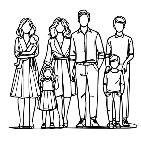 Family of six people are standing together. The family includes a man, a woman, and four children. The man is holding a baby in his arms. The family is depicted in a black and white styleのイラスト素材