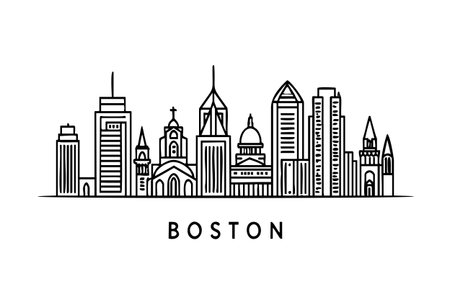 City skyline with a line drawing of the city of Boston. The skyline is drawn in black and whiteのイラスト素材