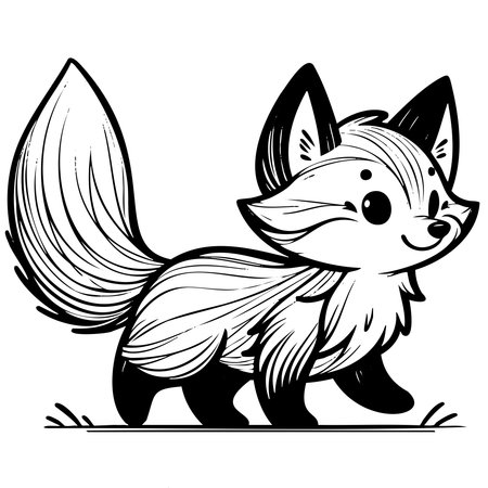 Cute cartoon fox is walking on the grass. The fox has a big smile on its face, and its tail is wagging. The image has a lighthearted and playful mood, and it's likely meant to be enjoyed by childrenのイラスト素材