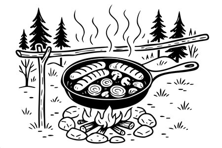 Black and white drawing of a pan of food cooking over a fire. The pan contains sausages, mushrooms, and onions. Scene is warm and inviting, as it evokes the feeling of cooking outdoorsのイラスト素材