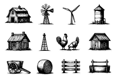 The image is a collection of farm-related icons, including a windmill, a chicken, a barn, and a house. The icons are all black and white, giving the image a vintage and nostalgic feelのイラスト素材