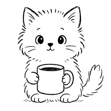 Cute cat holding a cup of coffee. The cat is holding the cup with its paws and has a smile on its face. Concept of warmth and comfort, as if the cat is enjoying a cozy moment with its coffeeのイラスト素材
