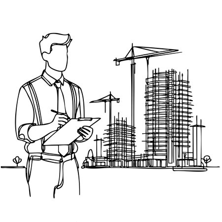 Man is writing on a clipboard in front of a building. The building is tall and has many floorsのイラスト素材