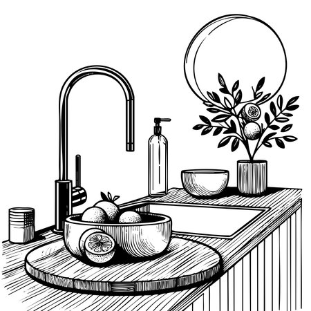 Sink with a bowl of fruit on it. The bowl contains oranges and lemons. There is also a bottle of soap on the counterのイラスト素材