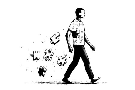 Man is walking away from a pile of puzzle pieces in his hand. The puzzle pieces are scattered all around him, and he seems to be in the process of putting them back togetherのイラスト素材