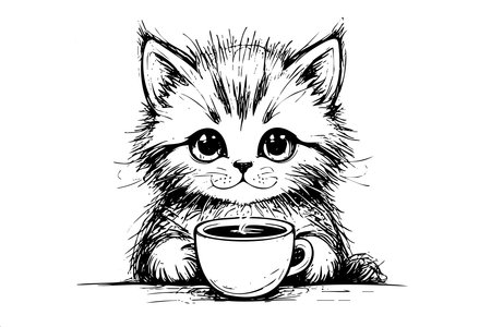 Cat is sitting on a table with a cup of coffee. The cat is looking at the cameraのイラスト素材