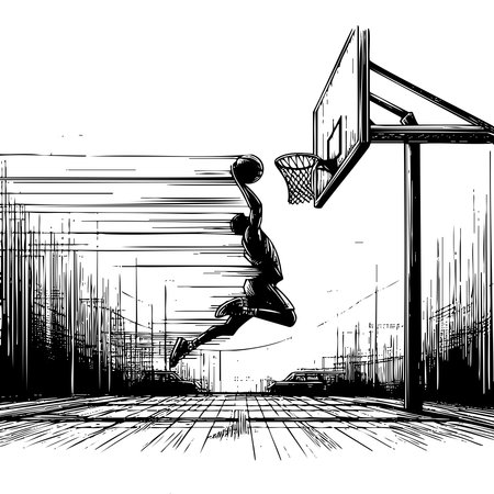 Basketball player is leaping into the air to take a shot at the basketball hoop. The ball is suspended in the air, and the player is in the midst of his jump. The scene captures the intensityのイラスト素材