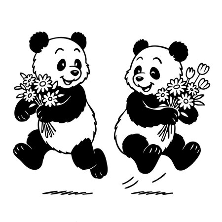 Two pandas are holding flowers. One is holding a bouquet of daisies. The other is holding a bouquet of tulipsのイラスト素材