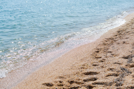 The beach is covered in sand and the water is calm. There are no people visible in the imageの写真素材