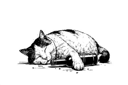 A cat is sleeping on a table with a bottle of beer next to it. The cat appears to be drunk and is laying on its backのイラスト素材