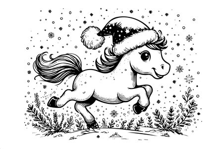 A cute little horse is running through the snow with a Santa hat on its head. The hat is white and has a red pom pom on top. The horse is wearing a black coat and has a white stripe down its backのイラスト素材